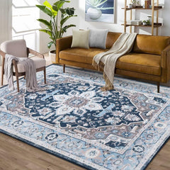 GlowSol Vintage Area Rug 8x10 Bedroom Rug for Living Room Non-Shedding Indoor Printed Boho Floor Carpet for Dining Table Office Decor, Navy, 8’x10’