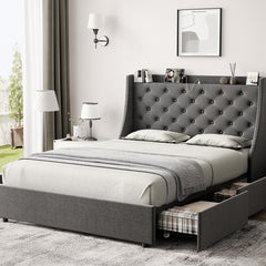 GARVEE Queen Bed Frame with 4 Storage Drawers, USB & Type-C Charging Ports, Upholstered Wingback Headboard, Metal Frame, Easy Assembly