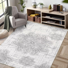 GARVEE Washable Rug 5x7 Vintage Medallion Area Rug Traditional Floor Cover Foldable Thin Rug Retro Kitchen Accent Rug Low Pile Rug for Bedroom Living Room, Grey/Beige