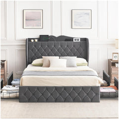 GARVEE Full Size Bed Frame with 4 Storage Drawers & Charging Station, Velvet Upholstered, Tall Headboard, Wooden Slats, Light Grey