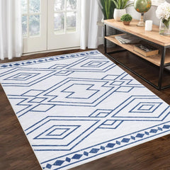 GARVEE Washable Rug 9x12 Modern Geometric Area Rug Non Slip Large Area Rug Low Pile Farmhouse Rug Non Shedding Distressed Throw Rugs Floor Carpet for Living Room Bedrooms, Blue