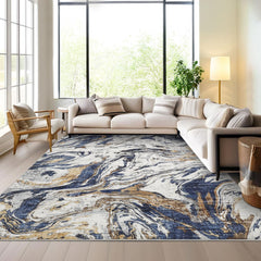 GARVEE Modern Abstract Area Rug 10x13 Large Machine Washable Rug, Non Slip Faux Wool Soft Floor Carpet, Low Pile Foldable Accent Rug for High Traffic Areas in Living Room, Bedroom, Blue