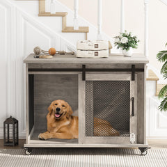 GARVEE Dog Crate Furniture with Sliding Barn Door,Flip Top Furniture Style Dog Crate End Table with Wheels,Indoor Dog Kennel Furniture with Removable Divider,Dog House,Grey