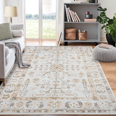 GARVEE Area Rug 8x10 Retro Oriental Indoor Carpet Persian Print Low Pile Floor Cover Anti Slip Backing Area Rug for Living Room Bedroom Dining Room Home Office, Yellow / 8’ x 10’