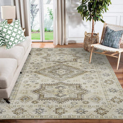 GARVEE Area Rug 5x8 Vintage Rug Boho Area Rug Non Slip Indoor Floor Cover Low-Pile Oriental Distressed Carpet Boho Rug for Living Room Bedroom Nursery Kitchen, 5' x 8' Taupe