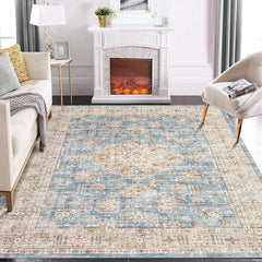 GARVEE Area Rugs 9x12 Living Room Washable Rug Vintage Medallion Rug Indoor Distressed Print Rug Soft Non Slip Throw Carpet Oriental Aesthetic Rug Boho Foldable Thin Rug for Bedroom Home Office Blue