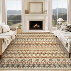 GARVEE Washable Living Room Rug 8x10 Large Distressed Geometric Printed Area Rug, Non-Slip Low Pile Indoor Mat, Foldable Non-Shedding Accent Carpet for Dining Room, Beige