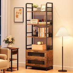 GARVEE Bookshelf with Drawers Industrial Bookcase with 4 Tiers Open Storage Shelves Rustic Bookshelves 70.87