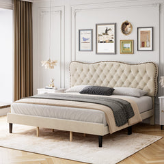 GARVEE Queen Size Bed Frames Platform Upholstered Bed with Diamond Tufted and Adjustable Headboard, No Box Spring Needed for Bedroom, Bedroom Furniture in Beige