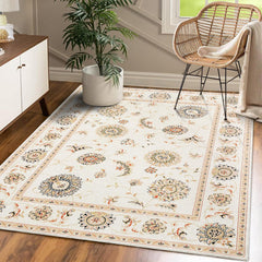 GARVEE Machine Washable Area Rug 3x5 Vintage Area Rug Indoor Floor Cover Boho Rug Non-Slip Bedroom Throw Carpet Bohemian Rug for Living Room Bedroom Kitchen Nursery, Ivory/Yellow 3' x 5'