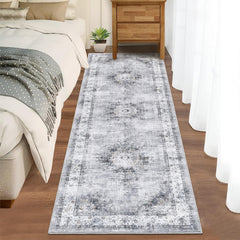 GARVEE Runner Rug 2x6 Machine Washable Hallway Runner Rug Non-Slip Kitchen Runner Rug Vintage Distressed Runner Carpet Throw Floor Carpet Medallion Area Rug for Living Room Bedroom Laundry, Grey