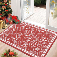 GARVEE Christmas Rug Door Mat Indoor Entrance 2x3 Washable Rug Snow Non Slip Kitchen Rugs Bath Mat Entryway Rug Stain Resistant Carpet for Living Room Geometric|Red 2'x3'