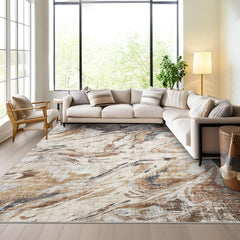 GARVEE Modern Abstract Area Rug 10x13 Large Machine Washable Rug, Non Slip Faux Wool Soft Floor Carpet, Low Pile Foldable Accent Rug for High Traffic Areas in Living Room, Bedroom, Brown