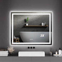 GARVEE LED Bathroom Mirror 40X32“ Wall-Mounted Vanity Mirrors Stepless Dimmable Wall Mirrors with 3X Magnification, Anti-Fog, Backlit + Front Lit, Memory Function, Waterproof, Tempered Glass