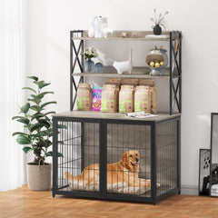 GARVEE Dog Crate Furniture,Wooden Dog Crate End Table with Flip Top and Movable Divider,42.5 Inch Dog Cage with Storage Shelves,Large Dog Kennel Indoor Furniture with 3 Doors,42.5