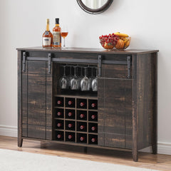 Garvee Farmhouse Coffee Bar Cabinet with Storage, 47’’ Wine Bar Cabinet with Sliding Barn Door, Buffet Sideboard Cabinet with 16 Bottle Wine Rack for Dining, Living Room, Dark Rustic Oak