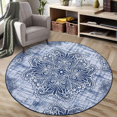 GARVEE Round Rug 4' Diameter Vintage Medallion Area Rug - Non-Slip Distressed Door Mat Small Accent Throw Floor Carpet for Entryway Bedrooms Laundry Room Decor, Navy