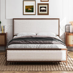 GARVEE King Size Upholstered Metal Bed Frame with Linen Headboard & Footboard, Wood Grain, Rivet Design, No Box Spring Needed, Vintage Walnut