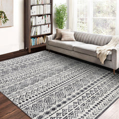 GARVEE Living Room Rug 5x7 Machine Washable Moroccan Geometric Non Slip Bohemia Foldable Carpet for Bedroom Dining Room Office, Grey/Beige