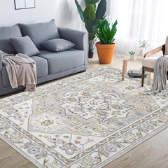 GARVEE Washable Area Rugs 9x12 Living Room Boho Beige Rug Non Slip Soft Rug Living Room Rug Office Rug Distressed Vintage Oriental Area Rugs Classroom Throw Rugs Large Area Rug 9'x12' Beige