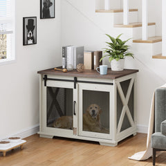 GARVEE 37'' Dog Crate Furniture Side End Table with Flip Top and Movable Divider, Wooden Dog Crate Table Large, Style Dog Kennel Side End Table - White