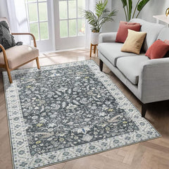 Garvee Grey Rugs 5x7, Machine Washable Living Room Area Rug Indoor Vintage Floor Carpet Distressed Floral Print Throw Rugs Non Slip Foldable Thin Rugs Retro Accent Floor Carpet for Bedroom Dining Room