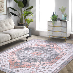 GARVEE Vintage Boho Area Rug, Machine Washable Floral Distressed Area Rugs Traditional Chic Carpet Coffee Table Rug Farmhouse Dining Table Rug Office Bedroom Decor, Medallion Peach, 8' x 10'