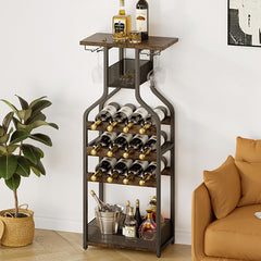 GARVEE Rustic Brown Metal Wine Rack Console Table, Freestanding Floor Bottles Organizer & Display Shelf,Durable Metal Freestanding Wine Storage Cabinet Shelf ,for Bar Kitchen Dining ( Rustic Brown)