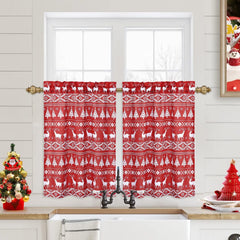 GARVEE Christmas Short Curtains, Canvas Red Snowflakes Christmas Tree Deer Tier Curtains Blackout Rod Pocket Drapes for Short Window Cafe Curtain Tiers, 2 Panels, Red, 26