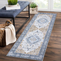 GARVEE Runner Rug 2x6 Feet Washable Vintage Medallion Hallway Runner, Non-Slip Stain Resistant Area Rug Traditional Distressed Entryway Carpet Runner for Doorway Bedside, Blue/Yellow