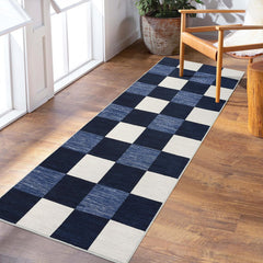 GARVEE Runner Rugs for Living Room, Washable 2x6 Area Rugs Ultra-Thin Foldable, Modern Print Decorative Plaid Rugs for Bedroom Dining Room, Navy Grey & Cream