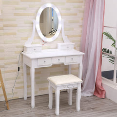 GARVEE Girls Vanity Desk with Mirror and Lights, Makeup Dressing Table with with Lighted Mirror and Stool,Modern Bedroom Dressing Table with 5 Large Drawers for Kids Women Girls,White