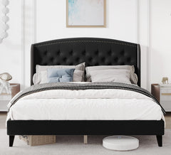 GARVEE Full Size Upholstered Platform Bed + Wingback Headboard + Button Tufted Design + Wood Slat Support + Easy Assembly + No Box Spring Needed + Black