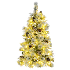 GARVEE Pre-Lit Spruce Snow Flocked Christmas Tree, 11 Flashing Modes, Multi-Color LED Lights, Artificial Hinged Xmas Tree with Pine Cones, for Indoor and Outdoor