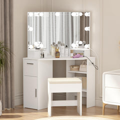 GARVEE Corner Vanity Mirror with Lights and Table Set & Power Outlet, Makeup Vanity Table with Lights with 2 Drawers & Stool, 3 Ligthing Color Vanity Desk, White