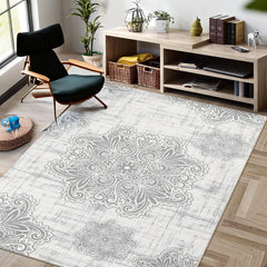 GARVEE Large Area Rug 8x10 Vintage Medallion Rug Non Slip Non Shedding Thin Rug Low Pile Indoor Floor Carpet Traditional Floor Cover for Office Dining Room, Grey/Beige