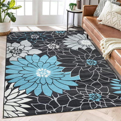 GARVEE Washable Rug 9x12 Modern Floral Area Rug Non Slip Large Area Rug Low Pile Farmhouse Rug Non Shedding Distressed Throw Rugs Floor Carpet for Living Room Bedrooms, Dark Grey