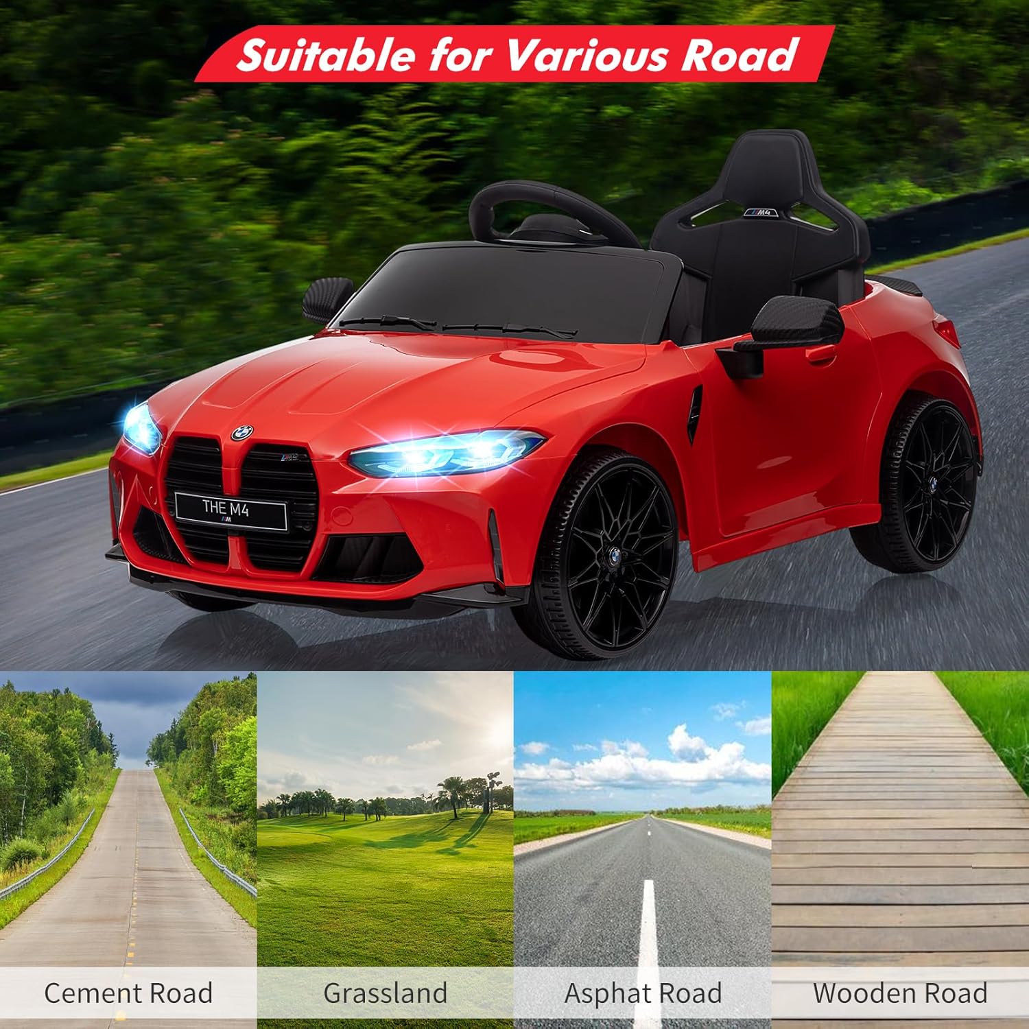 GARVEE 12V Electric Ride On Car for 37-83 Months, w/RC,Licensed by BMW M4,Power Wheels for Boys Girls, with Suspension System,3 Speeds, Bluetooth, MP3, Double Door, LED Light - Red