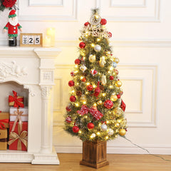 GARVEE 4ft Potted Pre-Lit Christmas Tree Artificial Snow Flocked Pine Tree for Home, Office, Party Decoration w/ 100 Warm-White Lights, Xmas Tree with Pine Cones Red Berries