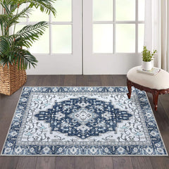 GARVEE Washable Vintage Floral Area Rug 2x3- Non-Slip Print, Non-Shedding, Soft Foldable Carpets for Dining Room, Bedroom, Living Room, Kitchen Entryway, Blue