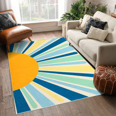 GARVEE Washable Area Rug Colorful Sunrise Nursery Rug 5x7 Area Rug Non-Slip Low Pile Throw Floor Cover Large Bedroom Carpet Boho Retro Carpet Sun Rug for Living Room Playroom, Blue