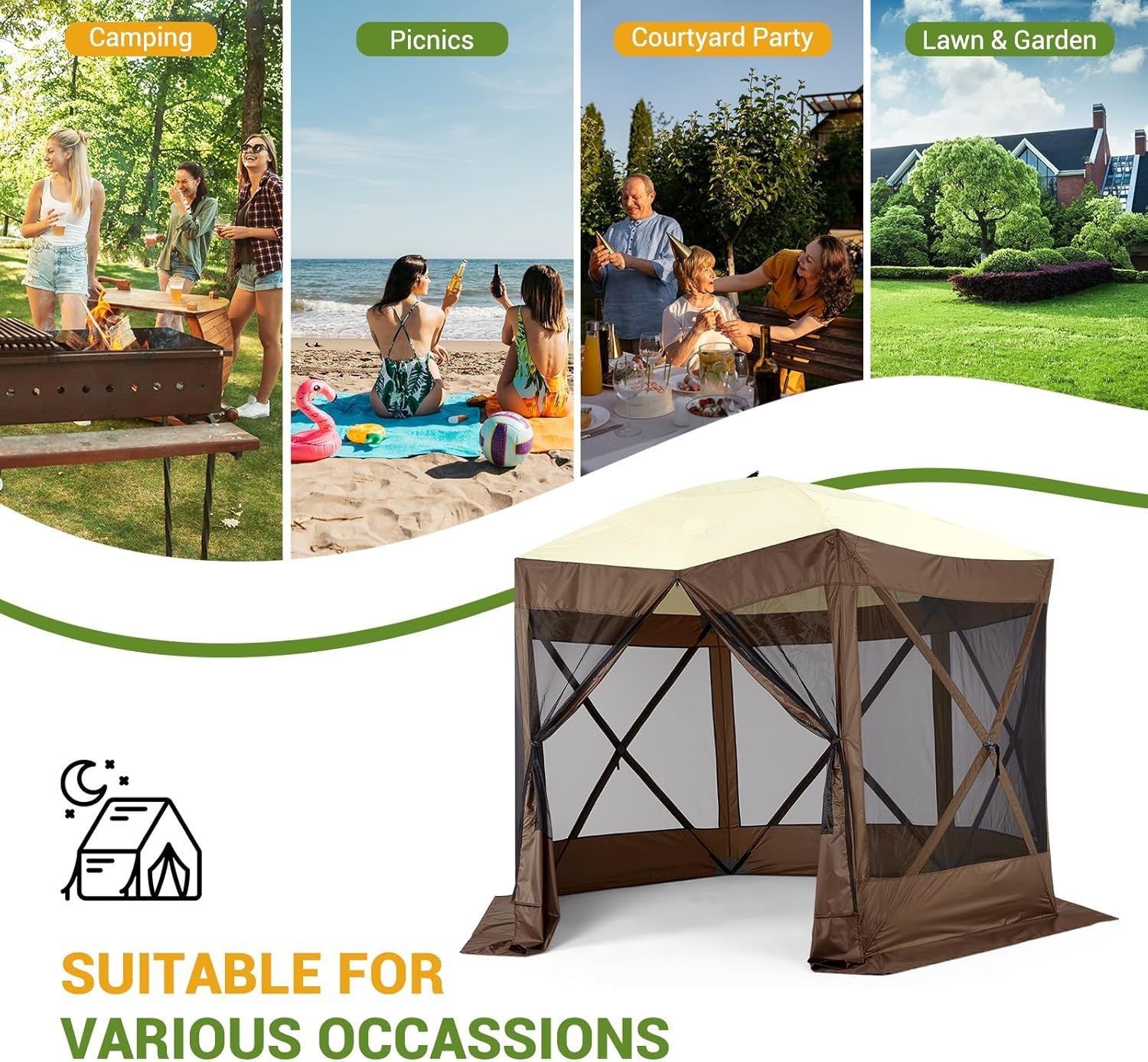 GARVEE 10x10ft Camping Gazebo, Portable Pop Up Canopy Screen Tent 6 Sided with Mesh Windows and Carry Bag for Camping, Outdoor, Picnic, Backyard Party Outside Activities, Brown