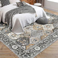 GARVEE Moroccan Trellis Area Rug 4x6 Washable Vintage Floral Print Rugs, Boho Non Slip Indoor Carpet for Entryway Living Room Kitchen Bedroom Laundry Room, Grey Brown