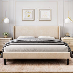 GARVEE Full Upholstered Bed Frame with Wingback Headboard, Velvet Upholstery Platform Bed, Wooden Slat Support, and Easy Assembly - Box Spring Optional, Beige