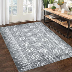 Garvee Washable Rug 9x12 Modern Geometric Area Rug Non Slip Large Area Rug Low Pile Farmhouse Rug Non Shedding Distressed Throw Rugs Floor Carpet for Living Room Bedrooms, Grey