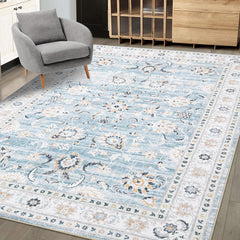 GARVEE 5x7 Washable Rug Living Room Vintage Area Rug Boho Distressed Area Rug Retro Floor Cover Oriental Accent Area Rug Indoor Throw Carpet for Bedroom Kitchen, Blue