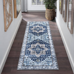 Garvee Runner Rug 2x6 Feet Washable Vintage Medallion Hallway Runner, Non-Slip Stain Resistant Area Rug Traditional Distressed Kitchen Mat Entryway Carpet Runner for Doorway Bedside, Blue