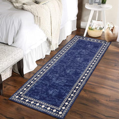 GARVEE Hallway Rug 2x8 Washable Non-Slip Kitchen Runner Rug, BordeBlue Design Soft Bathroom Rug Indoor Carpet for Entrance Bedroom Laundry Living Room, Blue