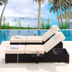 GARVEE Patio Lounge Chairs,Outdoor PE Wicker Chaise Lounge Set of 2,Chaise Lounge Chair Outdoor，Pool Furniture,Brown Rattan Recliners with Adjustable Backrest,Storage Table,Beige