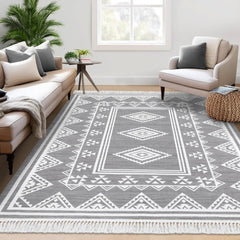 GARVEE Washable Rug 9x12 Living Room Boho Rug with Tassel Indoor Non-Slip Moroccan Bordered Floor cover Geometric Stain Resistant Bohemian Accent Carpet Rug for Bedroom Nursery Home Office, Grey